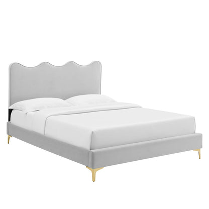 Modway Performance Velvet Full Platform Bed in Light Gray with Gold Legs