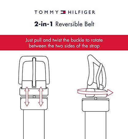 Tommy Hilfiger Men's Reversible Leather Belt - Casual for Mens Jeans with Double Sided Strap and Silver Buckle , cognac/black, 36