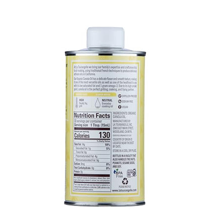 La Tourangelle, Organic Canola Oil, Expeller-Pressed Non-GMO Canola Seeds, Pesticide and Chemical Free, High Heat Neutral Cooking Oil, 16.9 Fl Oz