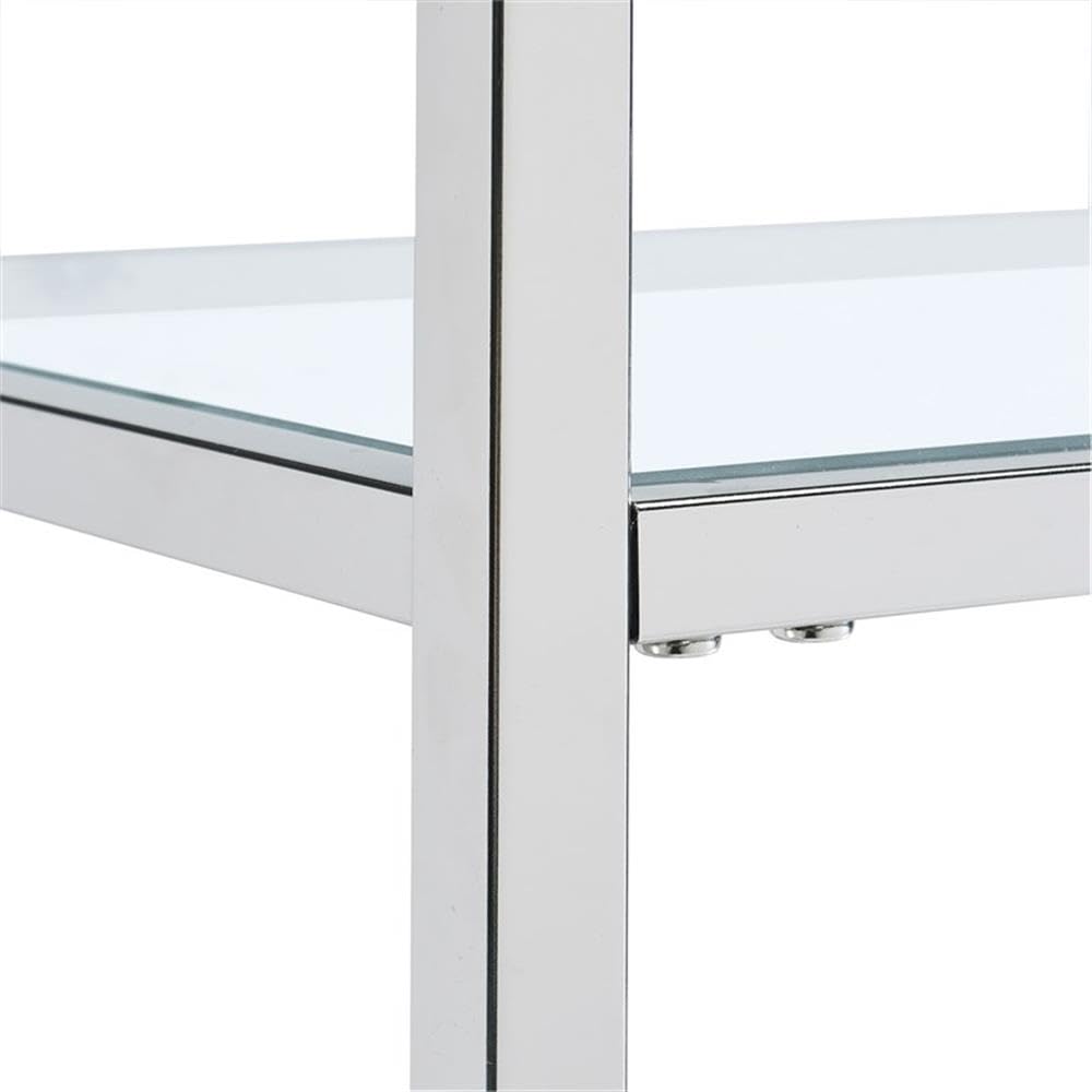 BOWERY HILL Contemporary Bar Cart, Clear Tempered Glass Shelves, 35" H x 33" W x 16" D, Chrome Finish, Modern Glam Design with Casters, Rectangular Serving Cart for Living or Dining Room Use