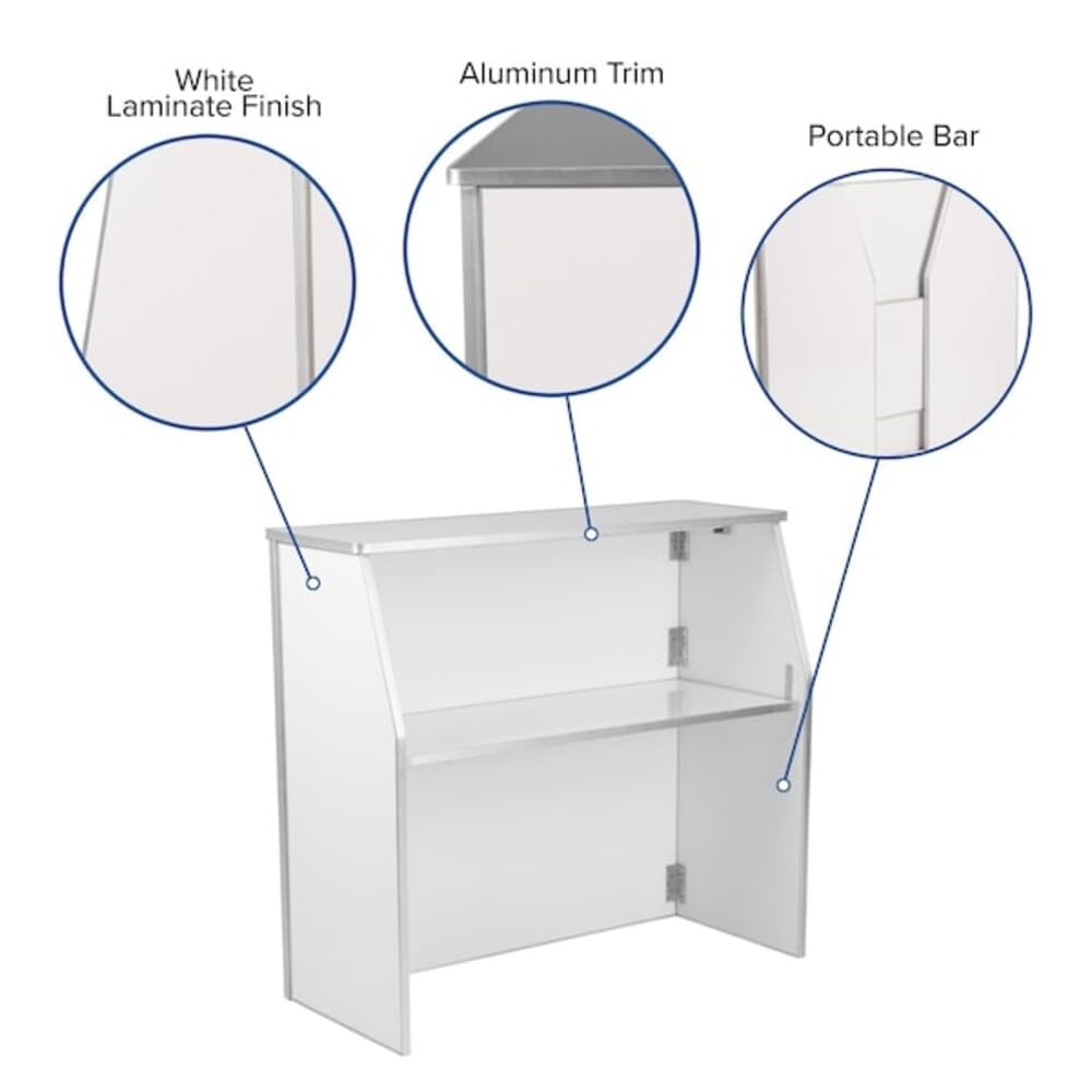 Flash Furniture 4' Folding Portable Event Bar with Top and Middle Shelves, Mobile Laminate Foldable Bar for Parties and Events, White