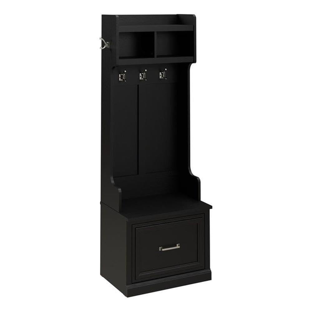 BOWERY HILL 24" Engineered Wood Hall Tree & Shoe Bench, Black Oak Finish, 69" Entryway Organizer w/Drawer, Coat Hooks, Open Cubbies, Transitional Style Storage Seat for Foyer or Mudroom Use