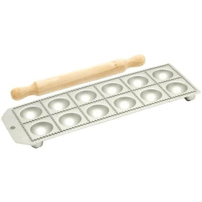 12-Hole Aluminum Round Ravioli Maker with Rolling Pin
