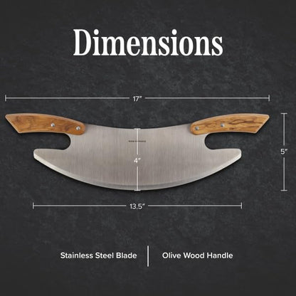 17” Pizza Cutter Rocker Blade - Stainless Steel Slicer with Double Olivewood Handles for Easy Cutting - Large Mezzaluna Chopper - Pizza Oven Accessories by Classic Cuisine