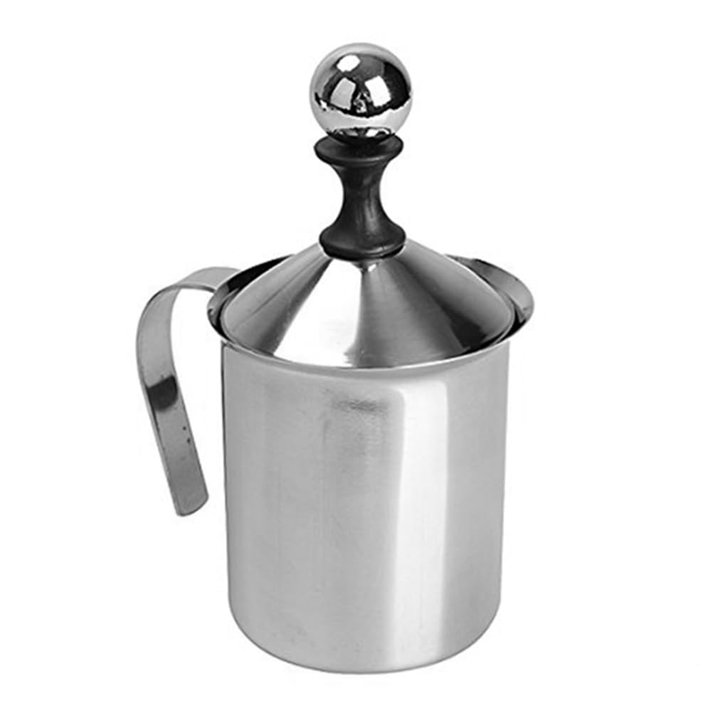 MAGICLULU 13.5Oz Stainless Steel Manual Milk Frother with Double Mesh Whisk for Creamy Milk Foam Handheld Pitcher Ideal for Lattes Cappuccinos and Home Coffee Brewing