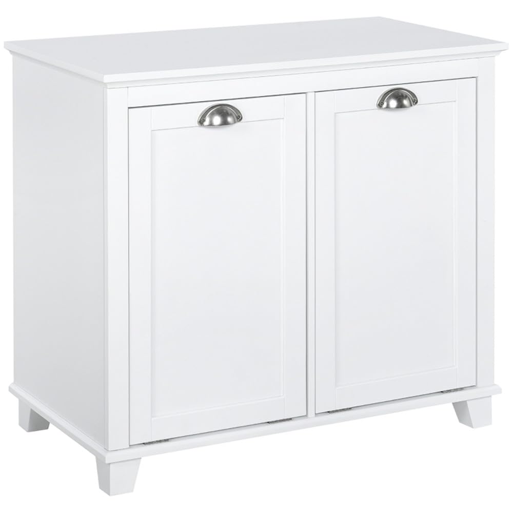 White Tilt Out Laundry Hamper Cabinet Bathroom Storage Organizer White Small Space Floor Standing Sorter with 2 Compartments Laundry Room Bedroom Hidden Hamper Freestanding Narrow Space Saving