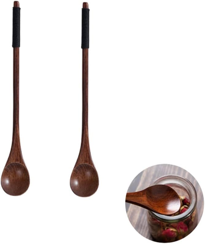 Handmade Wooden Long Handle Coffee Spoon Stirrer, Retro Honey Jar Spoons Teaspoon (2 Pack)