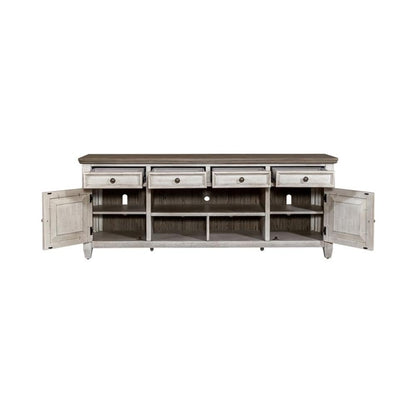 Liberty Furniture Heartland 76 Inch Tile TV Console for Living Room - Antique White with Tobacco Tops