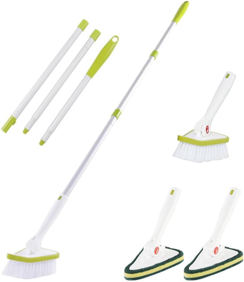 CQT 2 in 1 Bathroom Cleaning Brush, 48" Extendable Long Handle with Detachable Scrub Brush and Scouring Pads