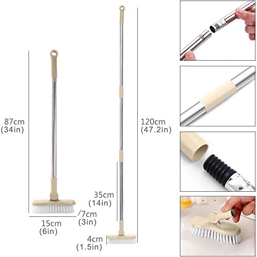 LandHope Long Handled Scrub Brush, Rotatable Brush Head for Bathroom, Kitchen, and Tile Cleaning (Beige)