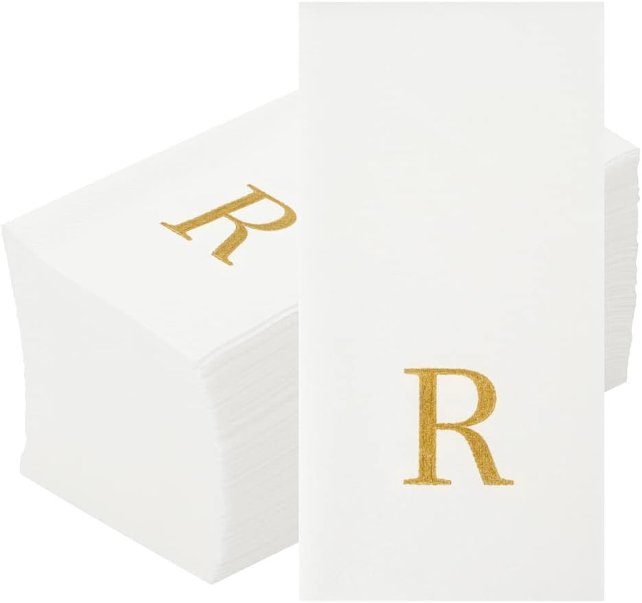 15.8 7.9 Inch 50 Luxenap X Linen-Feel Guest Towels, Lettered Hand Towels - Gold Letter 'R', Sans Serif Font, White