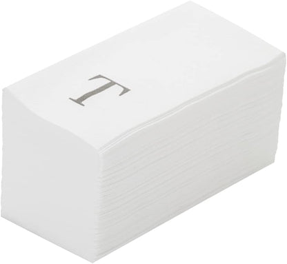 15.8 7.9 Inch 50 Luxenap X Linen-Feel Guest Towels, Lettered Hand Towels - Silver Letter 'T', Sans Serif Font, White