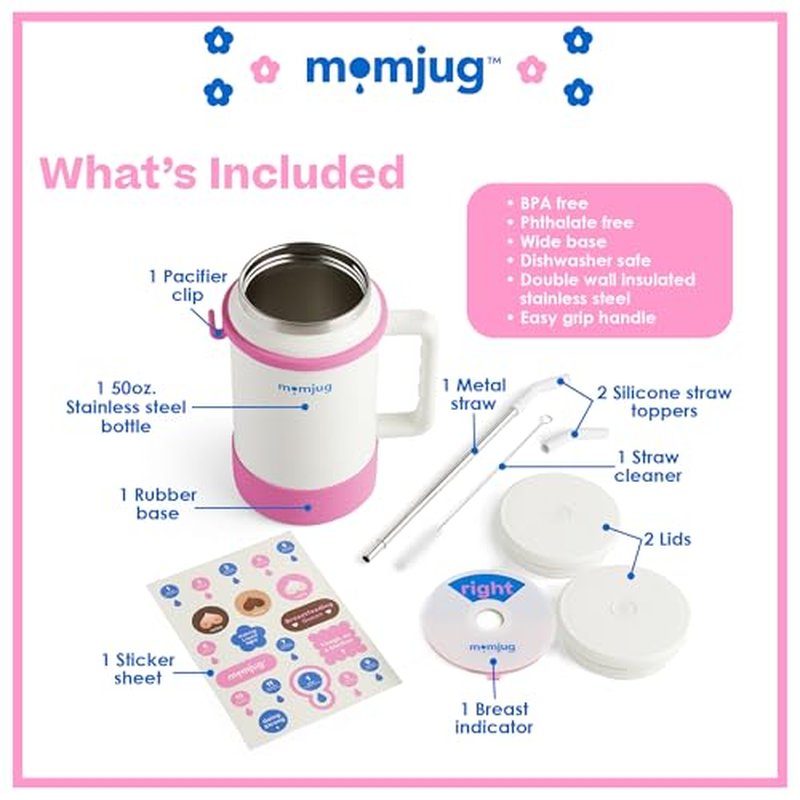 momjug Hydration Water Bottle for Moms 50oz (With Indicator, Pink)