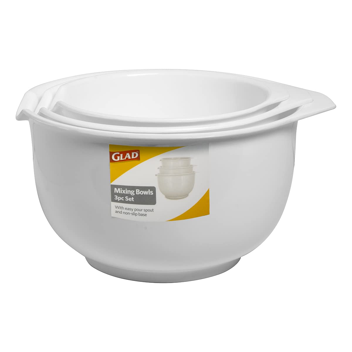 Glad Mixing Bowls with Pour Spout, Set of 3 | Nesting Design Saves Space | Non-Slip, BPA Free, Dishwasher Safe Plastic | Kitchen Cooking and Baking Supplies, White