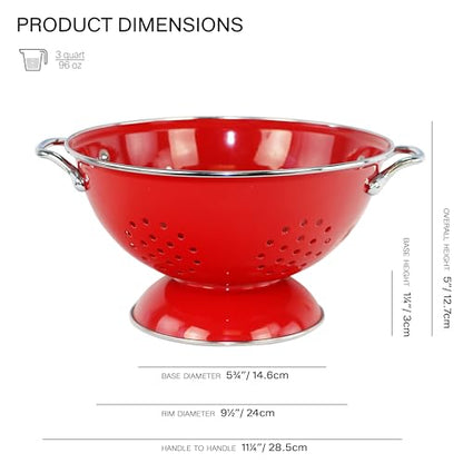 Reston Lloyd, 3 Quart Powder Coated Steel Kitchen Strainer Basket for draining Pasta, Vegetable and Fruit, Chrome Handles and Wide Stable Base, Red