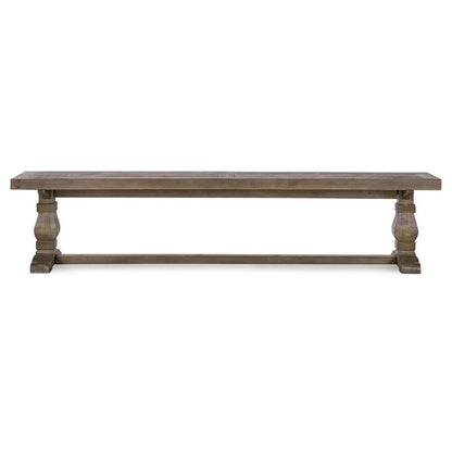 MAKLAINE 83" Transitional Reclaimed Pine Wood Bench, Weathered Brown Finish, Hand Carved Pedestal Base, Seats Up to 4, Rustic Kitchen or Dining Room Seating