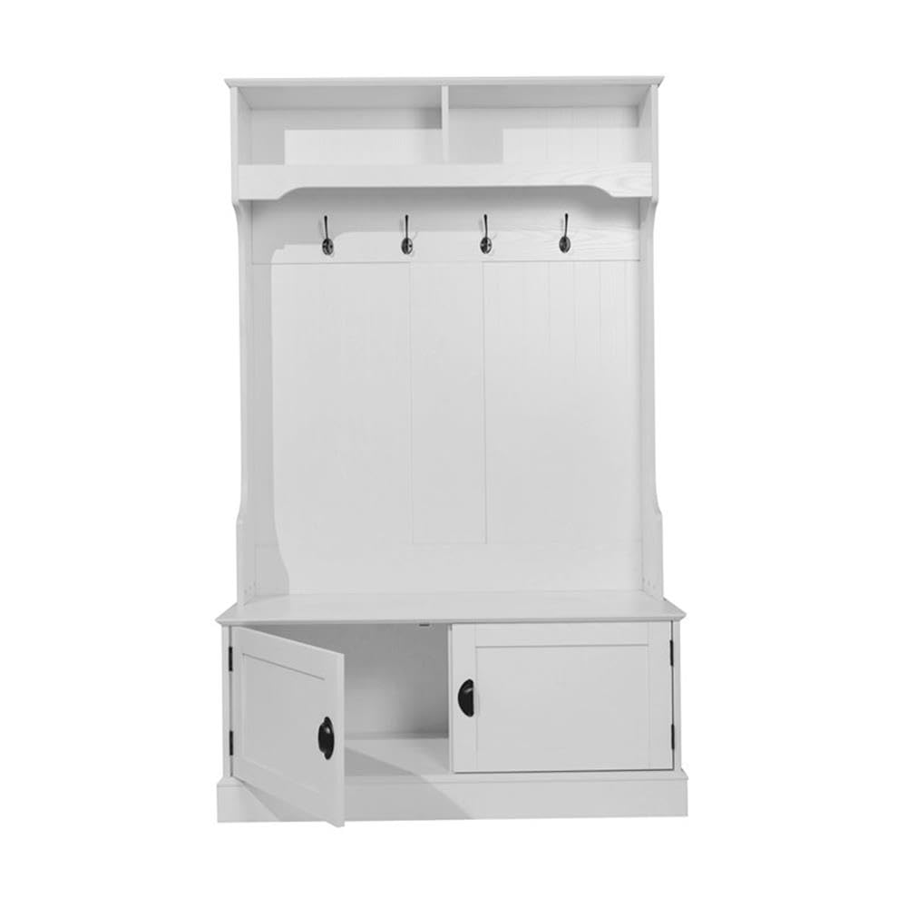 Pemberly Row 40" Wide Hallway Tree with Storage Bench & Cubbies, White Finish, Decorative Backboard Paneling, 4 Double Hooks, Particleboard, Entryway or Mudroom Organizer
