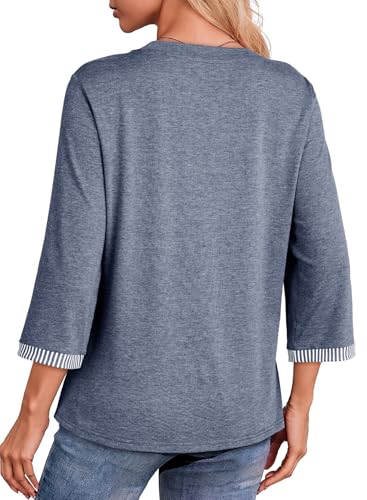 Dokotoo Women Blouses Crewneck 3/4 Length Sleeve Cute Tops for Women 2025 Spring Trendy Casual Plus Size T Shirts Fall Workout Outfit Ladies Clothing Basic Tee Blue Medium