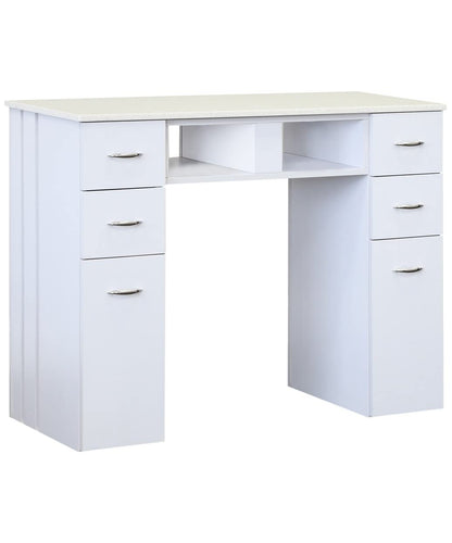 J & A White Granite Top Manicure Nail Table for Salons & Spas - 6 Storage Drawers, 2 UV Dryer Slots, Built-in Trash Compartment, Hidden Casters, Compact & Modern Workstation - JA-KM-N104-WHT