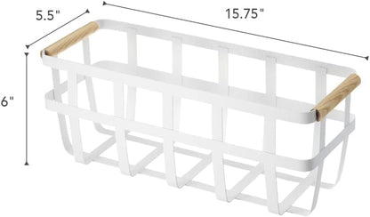 Storage Basket - Home Organizer Bin Holder with Wooden Handle - Steel + Wood - Small White