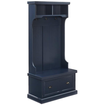 Bowery Hill Coastal Wood Hall Tree, Navy Finish, 64.25"H x 31.5"W x 15.75"D, Bead Board Design, 3 Double Hooks, Drop-Down Cabinet Door, Storage Shelves, Versatile Entryway Bench for Foyer or Mudroom