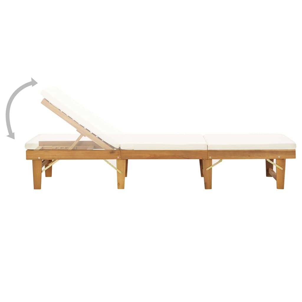 Yisssmeng Folding Sun Lounger with Cushion, Adjustable Solid Acacia Wood Reclining Lounge Chair for Patio Garden and Poolside, Outdoor Wooden Daybed with Removable Cover, Natural and Beige