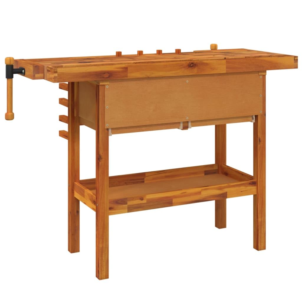 Sturdy Garage Workbench with 4 Drawers and Vices, Solid Acacia Wood Workbench 48.8x20.5x32.7 Inch for Workshop and Shed