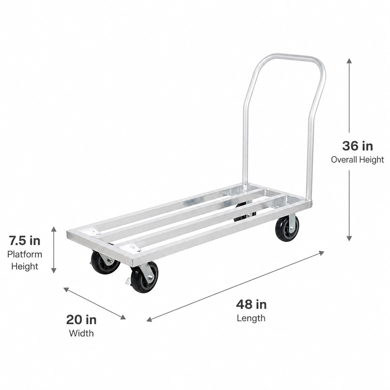 20" x 48" Mobile Aluminum Dunnage Rack with Handle, 1600 lb Capacity Heavy Duty Platform Cart with Casters, Rolling Storage Rack for Commercial Kitchen, Restaurant, Warehouse, Pantry and Bulk Supplies