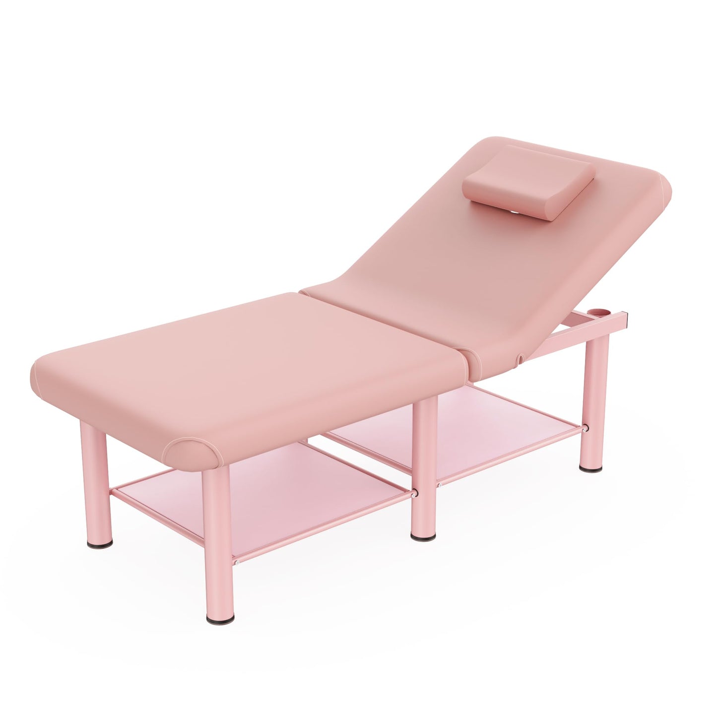 Folding Stationary Massage Table with Backrest and Storage Space for Treatment Table Physical Therapy Table Spa Facial Bed, 6 Round legs Metal Frame PU Leather, 30.5'' Wide × 75'' Long - Pink