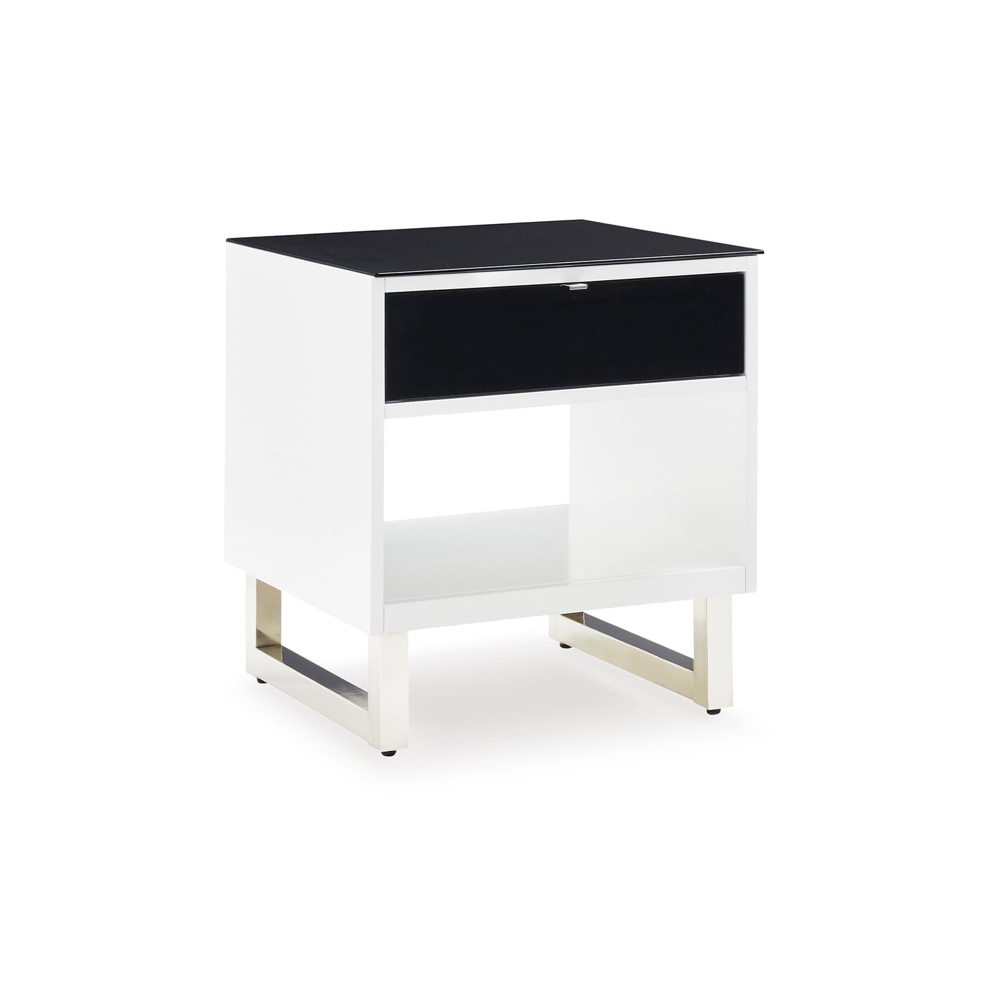 Signature Design by Ashley Gardoni Modern Glass-Tabletop End Table with 1 Drawer, Open Shelf, and High Gloss Finish, White & Black