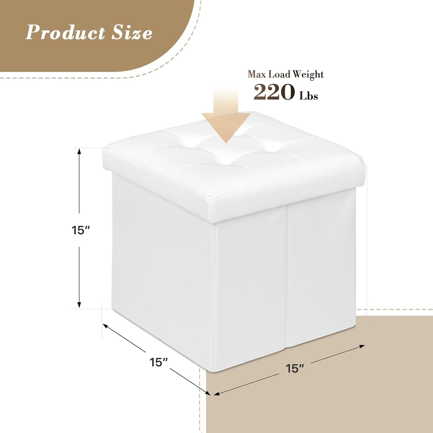 15 Inch Athena Collection Leather Square Ottoman with Storage, Small Storage Ottoman, Multipurpose Footstool Foot Rest