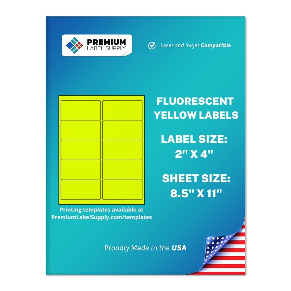 Premium Label Supply Bright Neon Color Fluorescent Stickers - 2" x 4" Labels - (Yellow Fluorescent, 250 Labels)