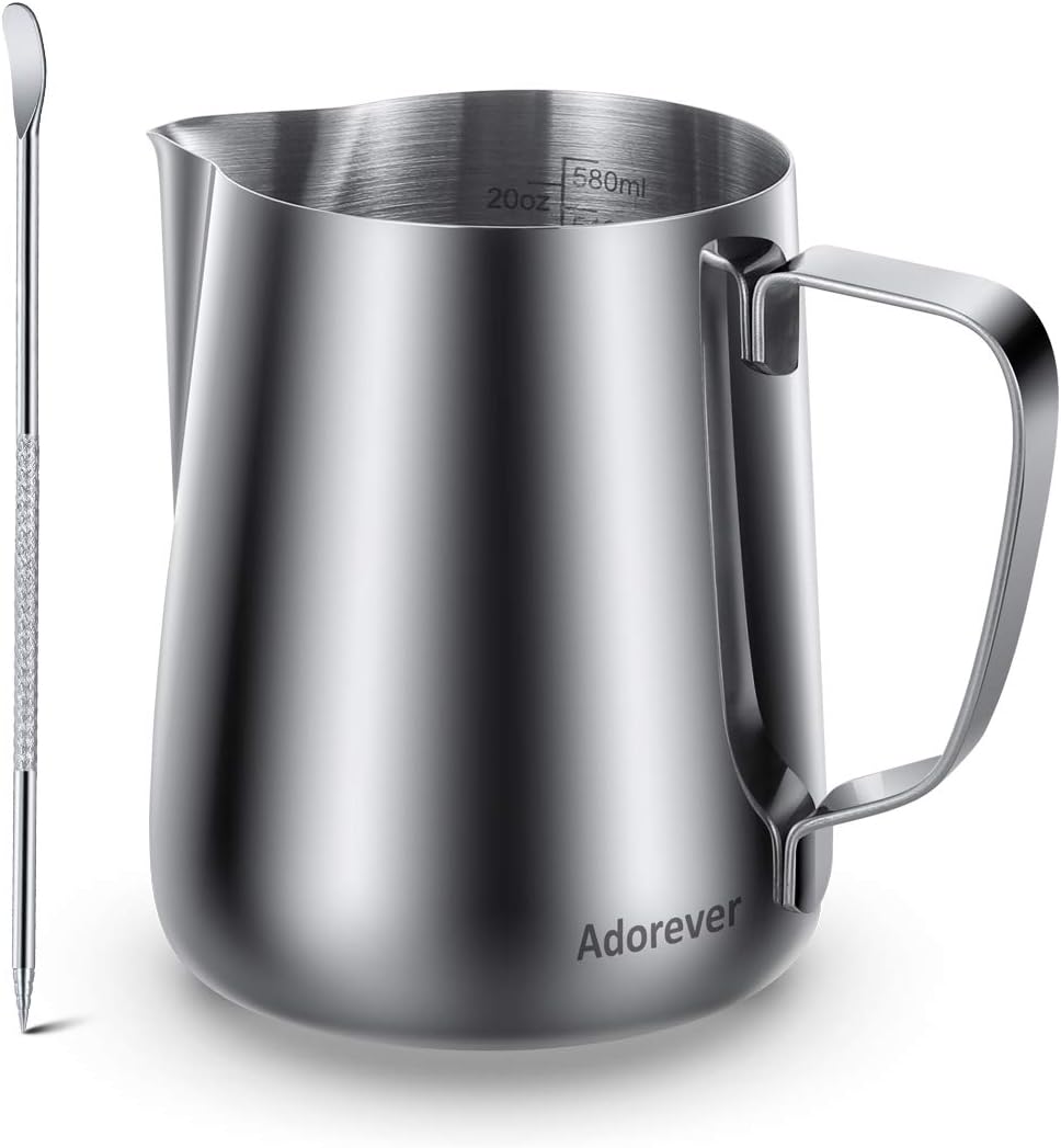 Milk Frothing Pitcher, 600ml 20oz Thicker Version Stainless Steel for Coffee Cappuccino Latte Art