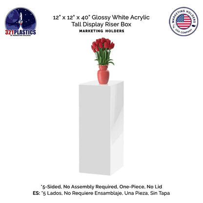 Tall Display Cube 12" W x 12" D x 40" H No Lid White Acrylic Pedestal Art Sculpture Flowers Pillar Column Prop Post Stand Display Box by Marketing Holders
