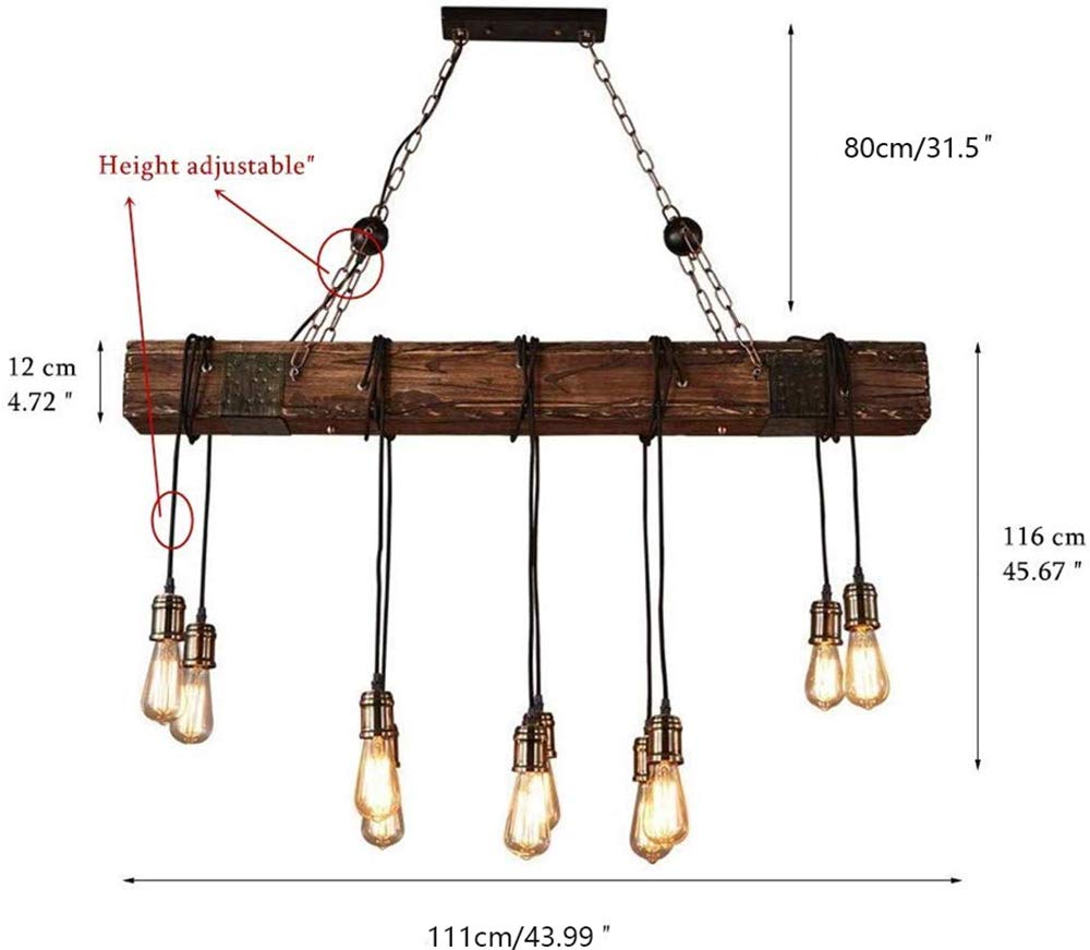 10-Lights Rustic Chandelier Wooden Retro Pendant Light Industrial Suspension Light Wood Chandelier -line can be Adjusted Freely