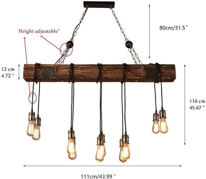 10-Lights Rustic Chandelier Wooden Retro Pendant Light Industrial Suspension Light Wood Chandelier -line can be Adjusted Freely