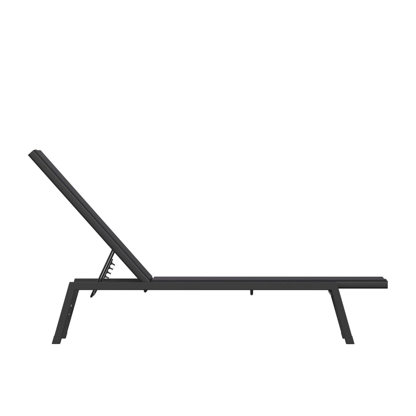 EMMA + OLIVER Braelin Adjustable Patio Chaise Lounge - Black Textilene Seat - Armless Design - 5 Recline Positions - Metal Frame - All-Weather - Set of 2