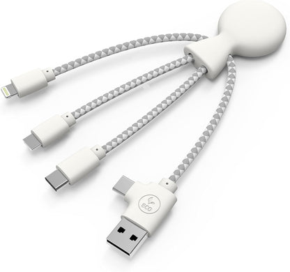 Xoopar Multi USB Cable 4 in 1 - Universal Charger Made from Recycled Plastic - USB, USB-C, Lighting, Micro USB Ports - Compatible with All Smartphones Mr Bio White Octopus