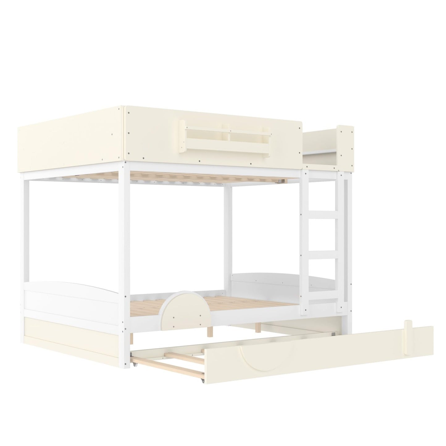 KEIKI Queen Over Queen Size Bunk Bed with Trundle, Pine Solid Wood Triple Bunk Beds Frame with Bookshelf, Guardrail, Slat and Ladders, Automobile Form Design bunkbed for Kids Teens & Adults