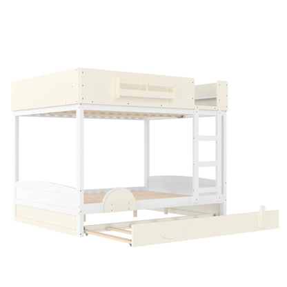 KEIKI Queen Over Queen Size Bunk Bed with Trundle, Pine Solid Wood Triple Bunk Beds Frame with Bookshelf, Guardrail, Slat and Ladders, Automobile Form Design bunkbed for Kids Teens & Adults