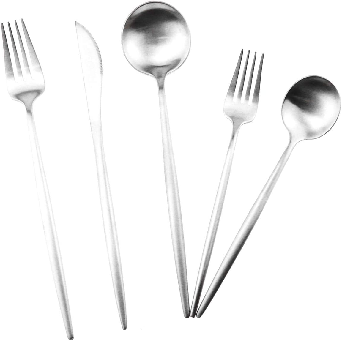 Silver Flatware, Royal 5 Piece Luxury Matte Finish 18/10 Stainless Steel Tableware Set for 1 Including Forks, Spoons,