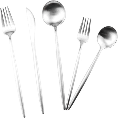 Silver Flatware, Royal 5 Piece Luxury Matte Finish 18/10 Stainless Steel Tableware Set for 1 Including Forks, Spoons,