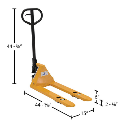 Vestil PM1-1532-MINI Steel Mini Hand Pallet Truck 45 in. x 15 in. x 45 in. 1100 Lb. Capacity Yellow