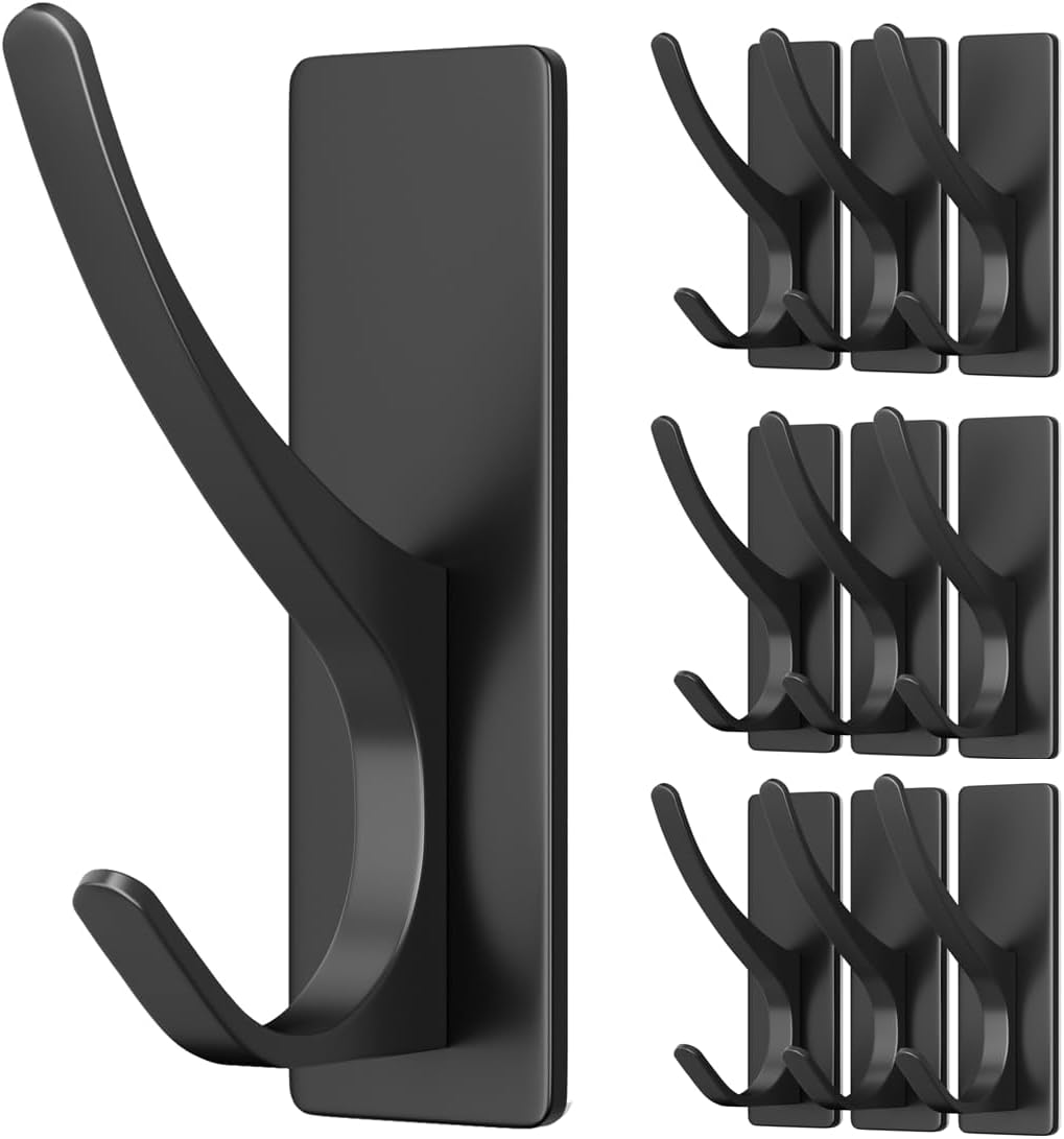 Pickpiff 10 Pack Matt Black Self-Adhesive Coat Hooks - 13LB Strong Stainless Wall Hooks for Towel, Backpack, Hat