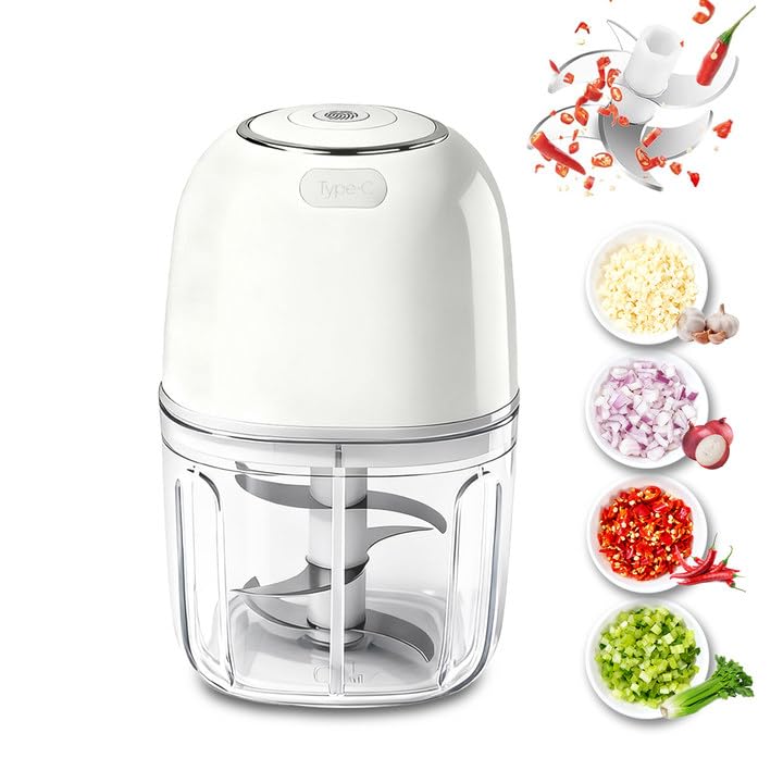 Joyzan Electric Garlic Chopper, 350ML Mini Portable Food Processor Veggie Grinder Small Onion Mincer Cordless Blender Masher USB Rechargeable Cutter 6 Blades Chili Fruit Vegetable Ginger Nuts Spices