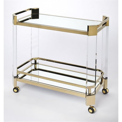 Beaumont Lane Acrylic Serving Cart, 32"W x 17"D x 31.5"H, Clear Glass and Mirror Glass Shelves, High Polished Gold Stainless Steel Frame, Modern Design with Casters for Bar, Kitchen, or Dining Room