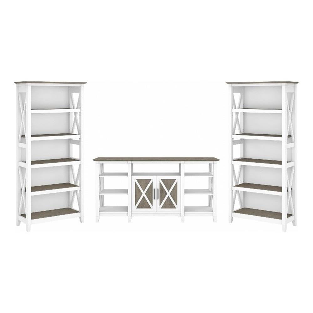 Bush Furniture Key West Tall TV Stand with Set of 2 Bookcases, Farmhouse Entertainment Center for 65 Inch Television, 17D x 60W x 66H, Pure White and Shiplap Gray