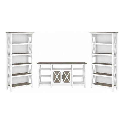 Bush Furniture Key West Tall TV Stand with Set of 2 Bookcases, Farmhouse Entertainment Center for 65 Inch Television, 17D x 60W x 66H, Pure White and Shiplap Gray