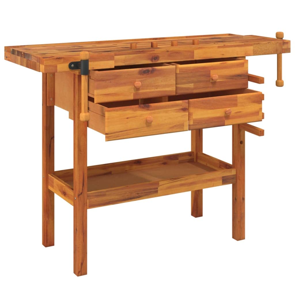 Sturdy Garage Workbench with 4 Drawers and Vices, Solid Acacia Wood Workbench 48.8x20.5x32.7 Inch for Workshop and Shed