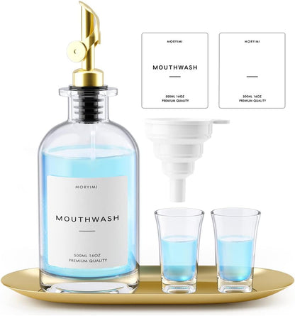 16oz Set Moryimi Mouthwash Dispenser, Glass Mouthwash Decanter for Bathroom, Mouth Wash Container Mouthwash Bottle